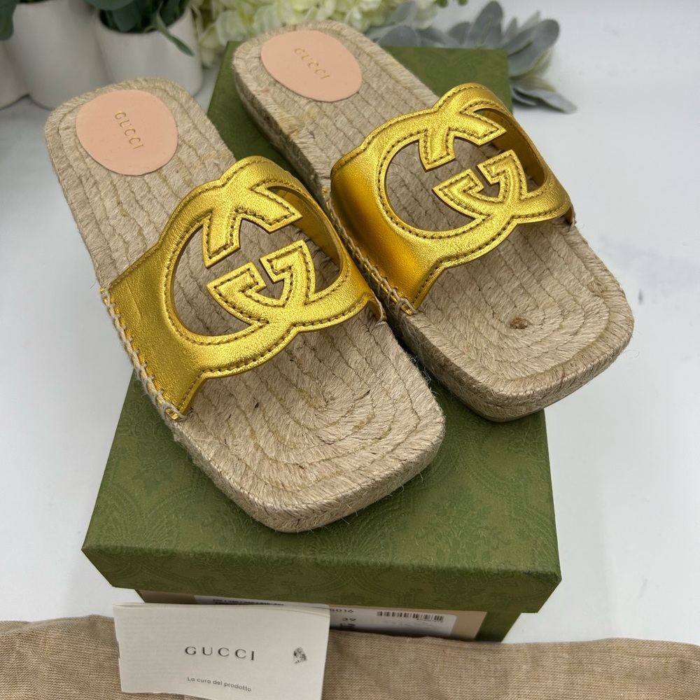 Women's Gucci interlocking G metallic gold leather espadrilles size 39 - Picture 2 of 8